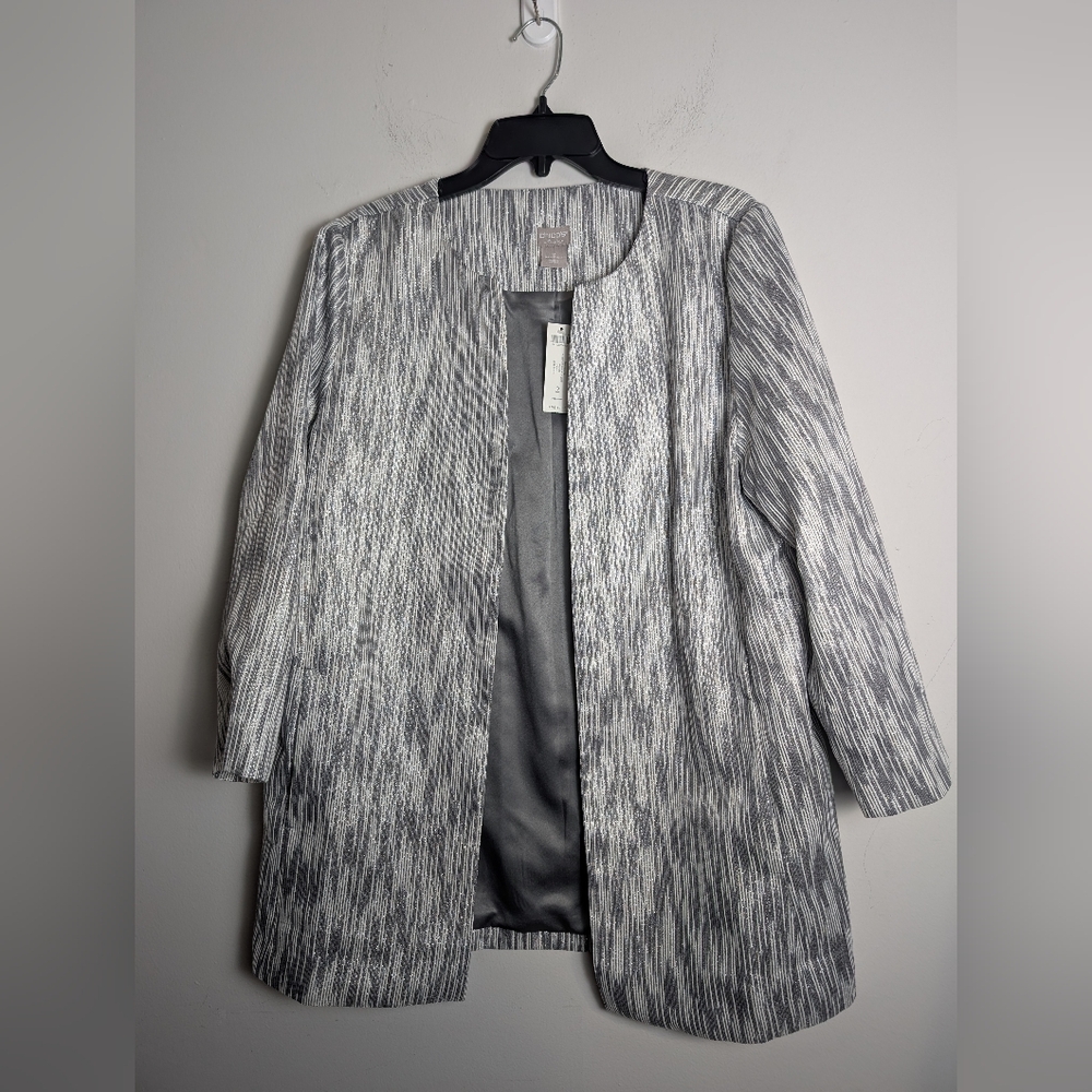 Chico's Travelers Jacket gray metallic shimmer textured lurex open-front Sz 2